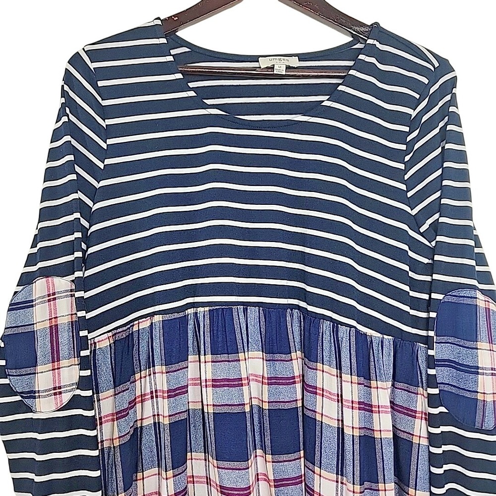 Umgee Womens Babydoll Top Medium Oversized Striped Plaid Elbow Patch Navy - Picture 3 of 6